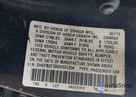 2013 Honda Civic Lx z USA, uszkodzony, nr VIN 2HGFB2F59DH531204